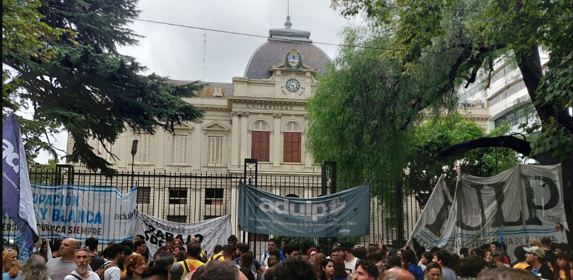 Paro docente. Docentes de la Universidad Nacional de La Plata en movilización en Plaza Italia durante paro de 24 horas en junio 2025